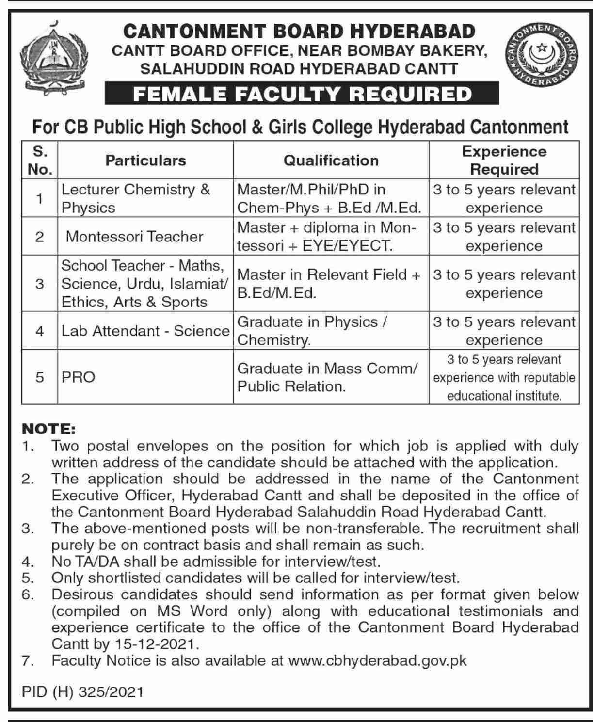 Cantonment Board (CB) Hyderabad Public High School Jobs 2021 | Latest Job in Pakistan