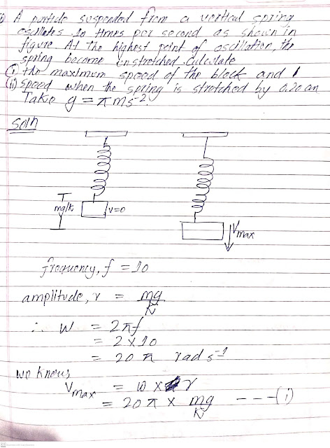 A particle suspended from a vertical spring oscillates 10 times per second as shown in figure.A the highest  point of oscillation,the spring become unstretched become unstrethced.Calculate i)the maximum speed of the block and ii)speed when the spring is stretched by 0.20 cm .