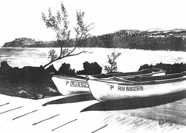 Black and white scan of a watercolour of two small boats, "Deux barques à la marine de Langevin," by William Walkington in 1996