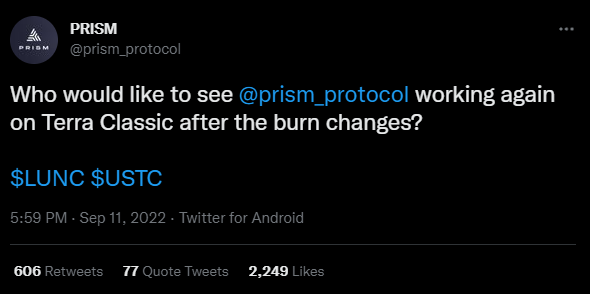 Prism considering return to Terra Classic (LUNC)