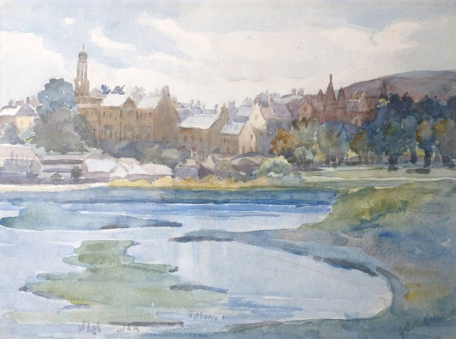 Watercolour of a small town seen from river banks at high tide, "View of Tain from the river," by Scottish artist W.S. Munro.