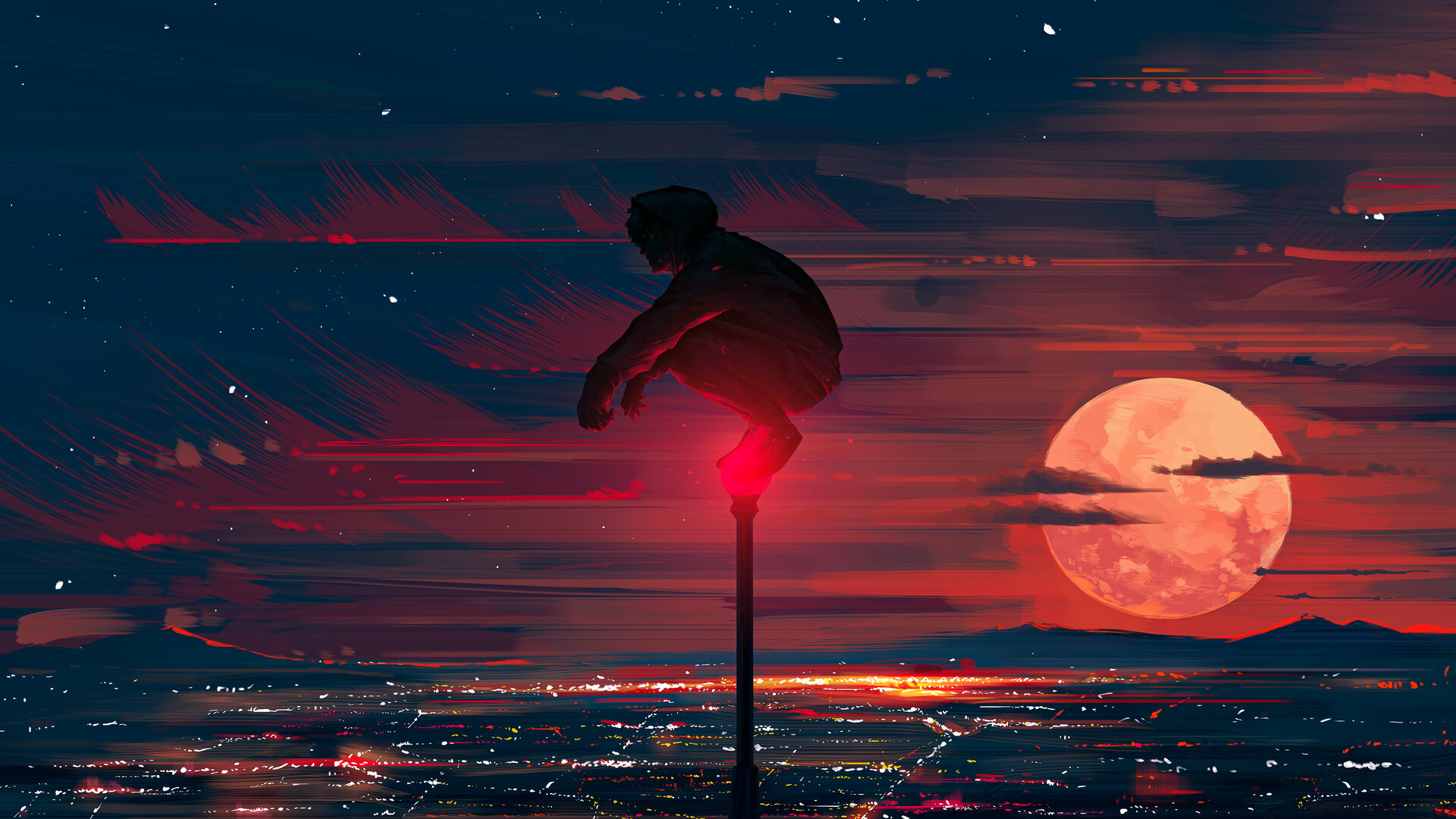 Alone Boy Moon Night Scenery Art 4K PC Desktop