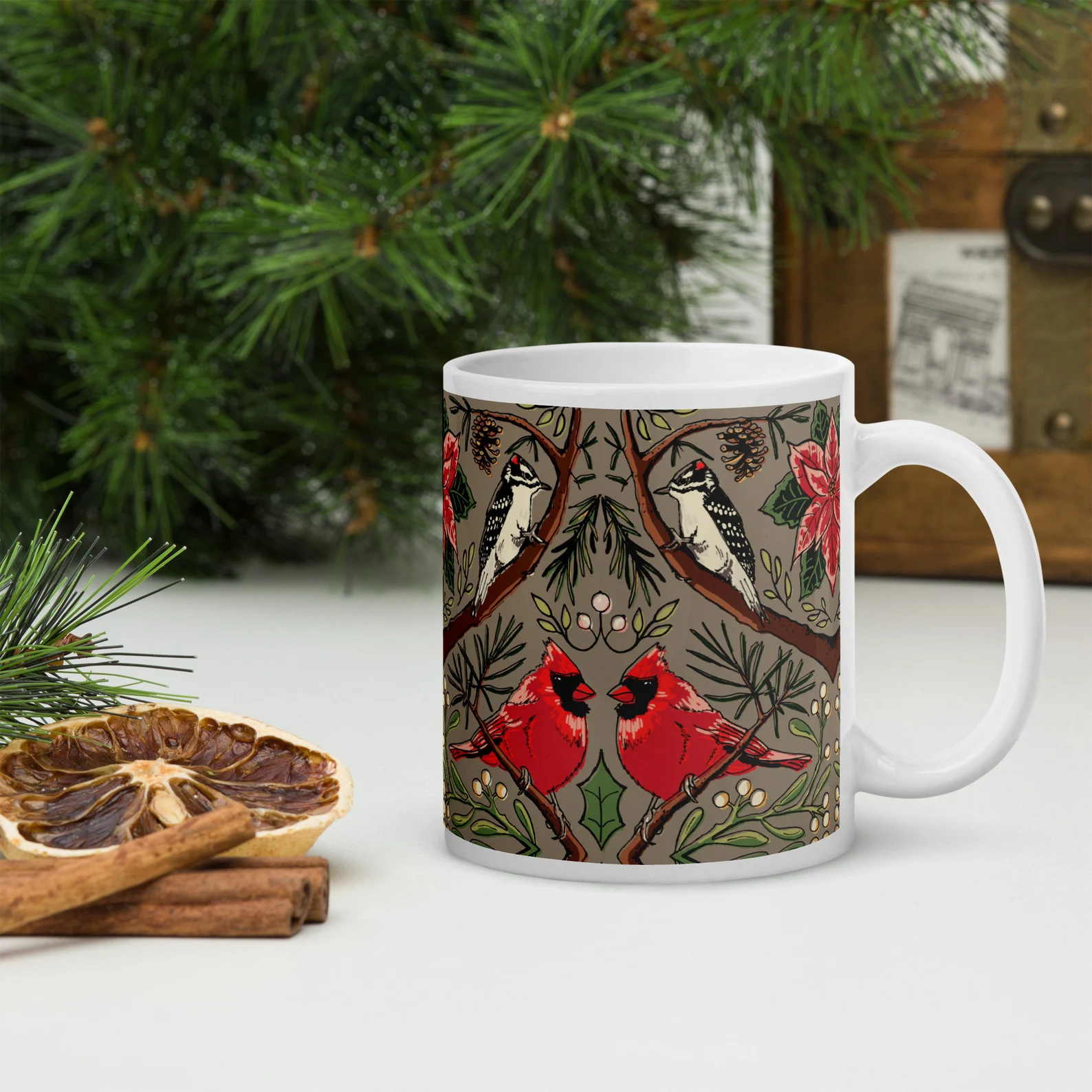 traditional vintage christmas mug with cardinal and mistletoe design