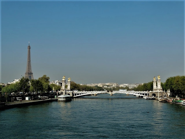 Looking along the river Seine in Paris towards the Pont Alexandre III bridge