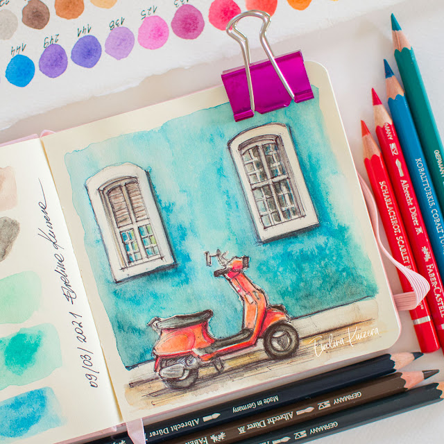 A watercolor showing a red scooter and a turquoise wall in the background.