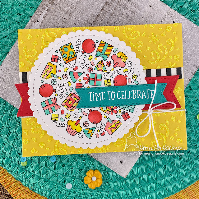 Time to Celebrate! Birthday Card by Jennifer Jackson | Birthday Roundabout Stamp Set, Circle Frames Die Set, Banner Trio Die Set and Confetti Stencil by Newton's Nook Designs