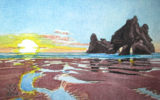 Watercolour of Wharariki Beach and two of the Archway Islands at sunset, "Wharariki Beach," by William Walkington in 2020