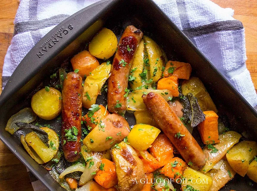 Sausage and apple traybake or sheet pan dinner