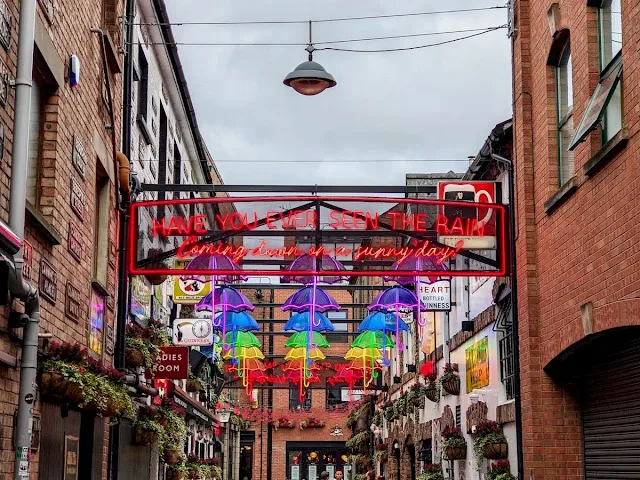 Fun Things to do in Belfast: Check out the neon umbrellas in Commercial Court