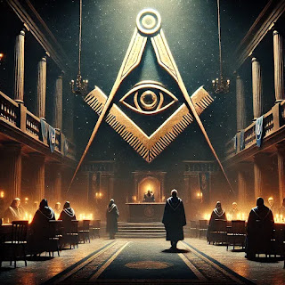 A mysterious and cinematic depiction of the Freemasons, featuring the All-Seeing Eye, ancient symbols, and a dimly lit lodge with secretive figures in.webp