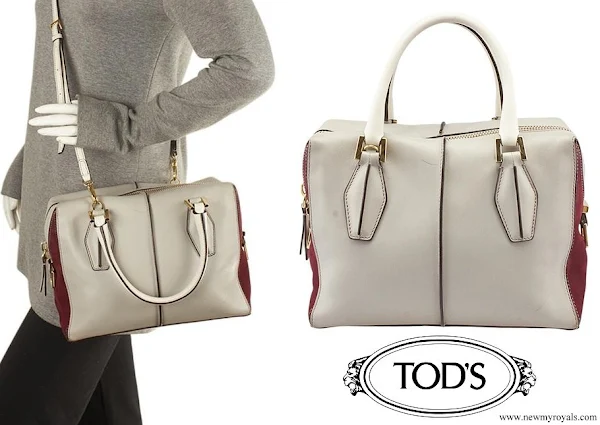 Princess Stephanie carries Tod's D Cube Suede Satchel Burgundy and Grey Leather Hobo Bag