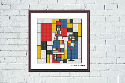 Mondrian abstract wine bottle and glass cross stitch pattern