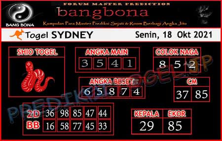 Prediksi Bangbona Togel Sidney Senin 18 Oktober 2021