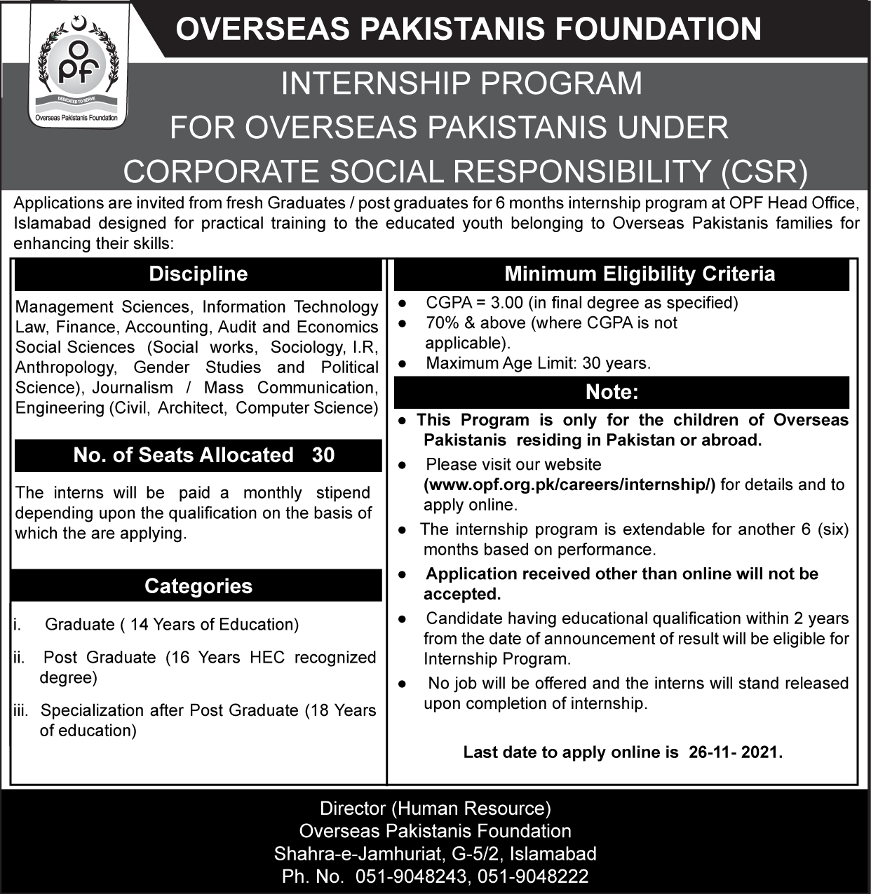 INTERNSHIP PROGRAM FOR OVERSEAS PAKISTANIS UNDER CORPORATE SOCIAL RESPONSIBILITY (CSR)