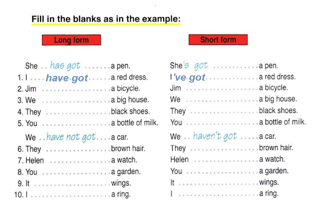 Exercise on verb "have got" تدريب على استخدامات