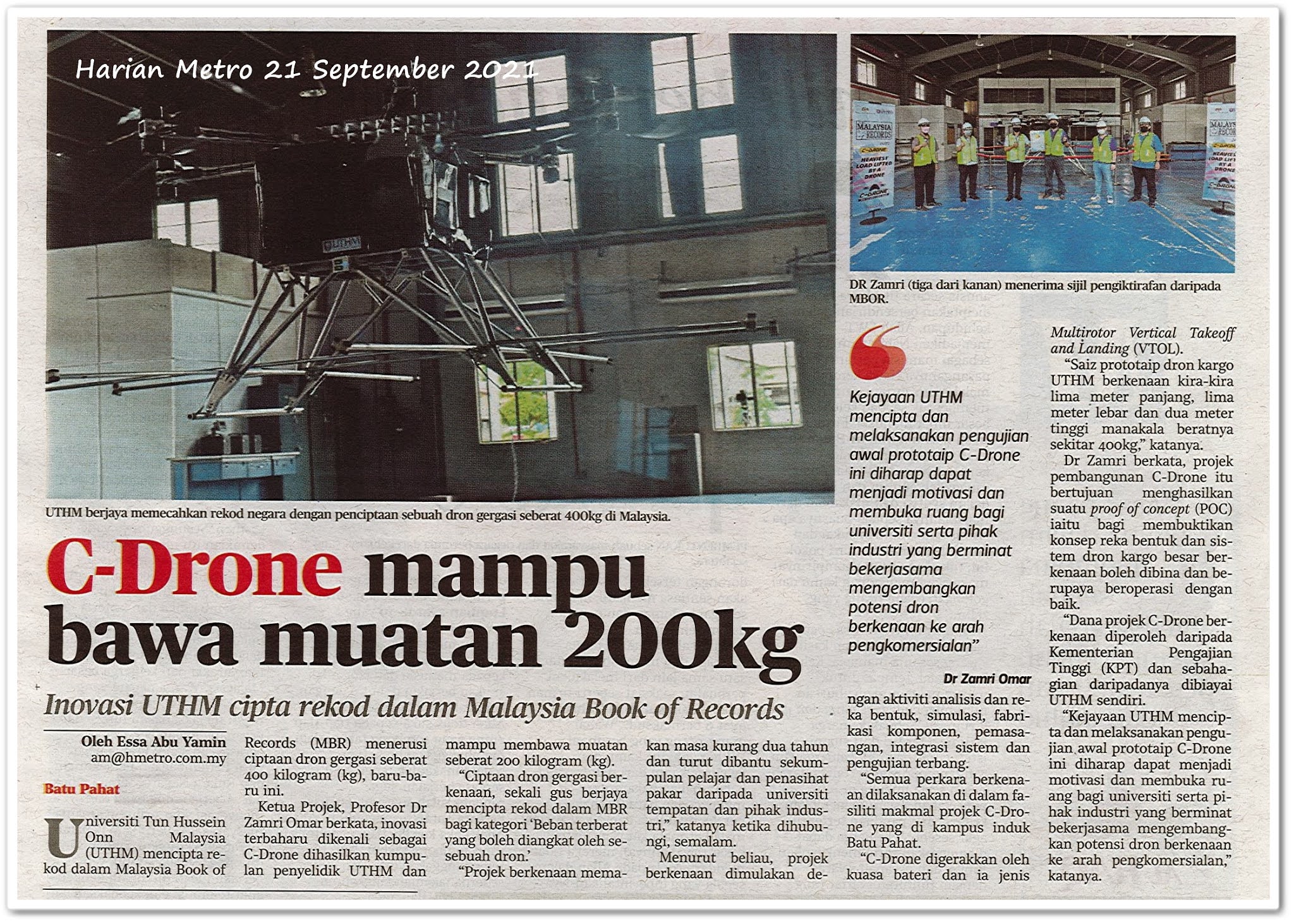 C-Drone mampu bawa muatan 200kg - Keratan akhbar Harian Metro 21 September 2021