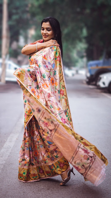 Our top-of-the-line double tissue Kota Doria pure zari saree that took 3 months to weave in rose gold