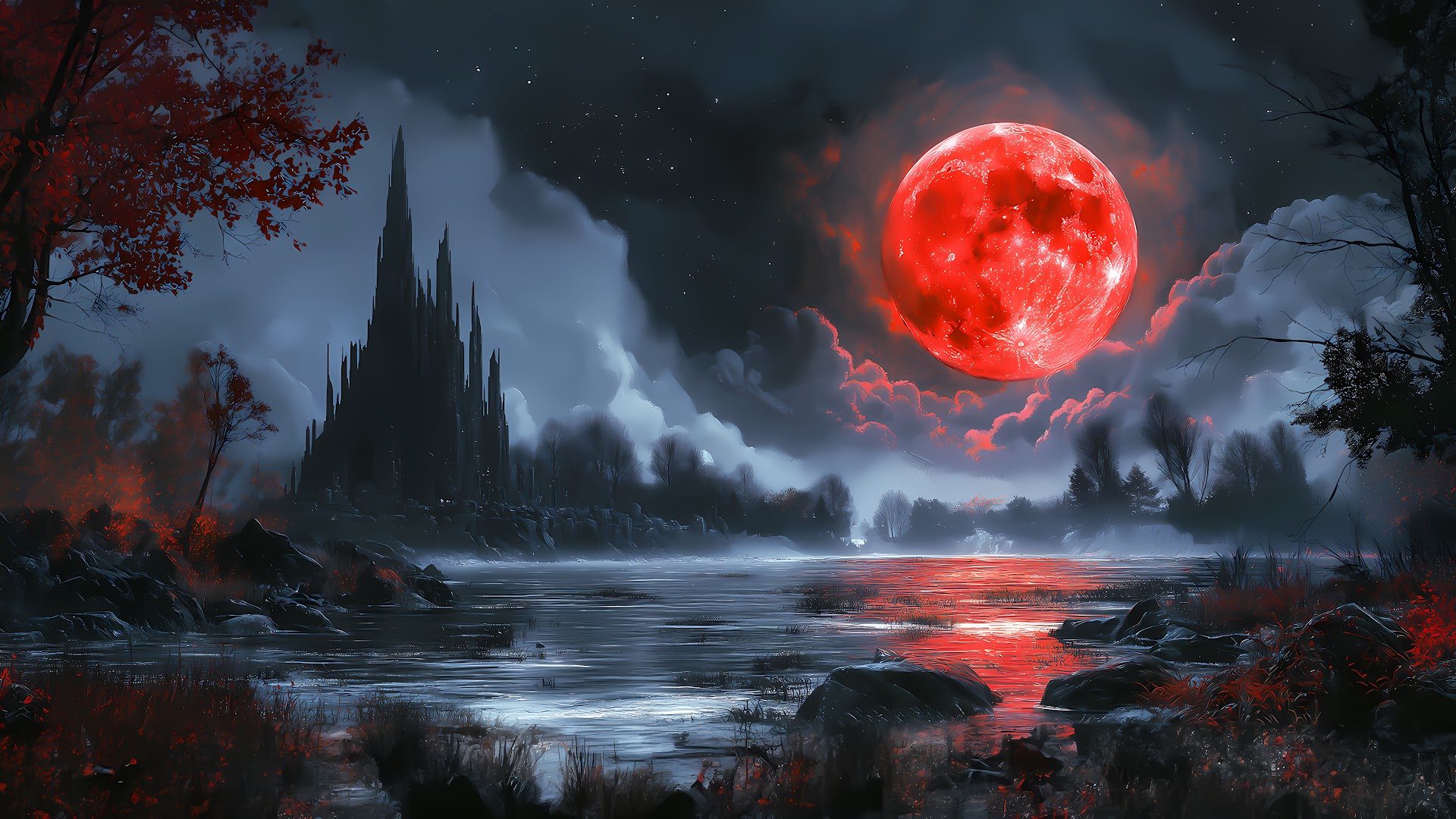 A gothic castle stands silhouetted against a blood-red moon, with dark clouds and a misty lake in the foreground.
