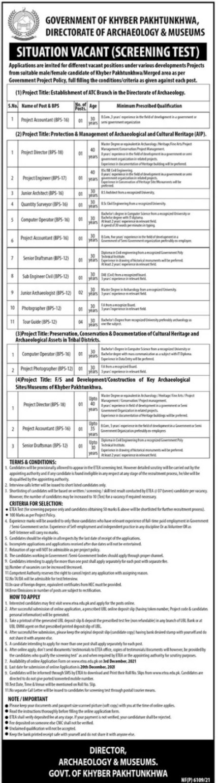 Directorate of Archaeology & Museums KPK Jobs 2021 | Advertisement