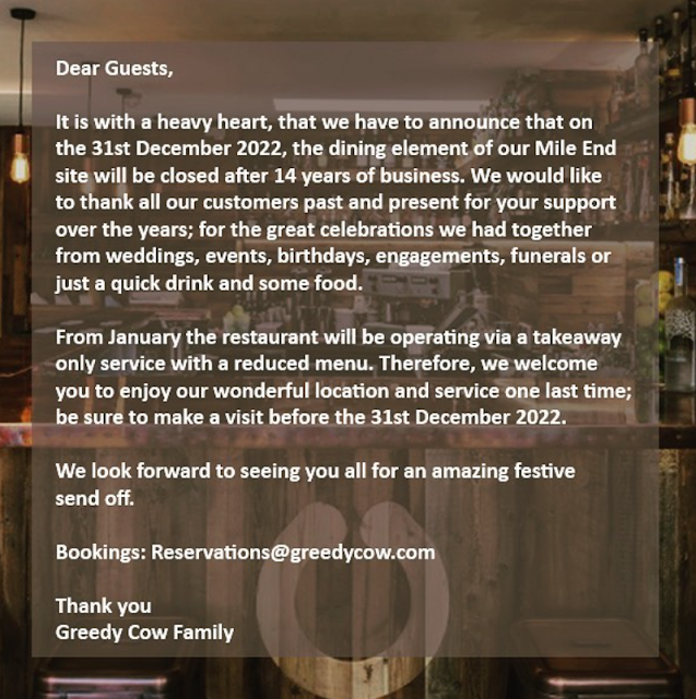 Official notice from the GReedy Cow stating that they are closing after 14 years.