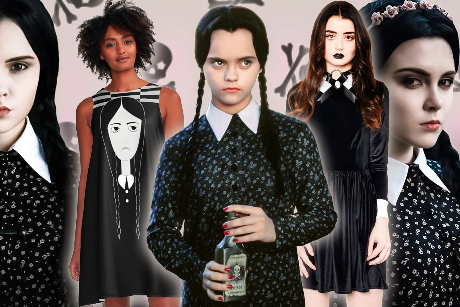 collage with wednesday addams fashion looks from movies and tv shows