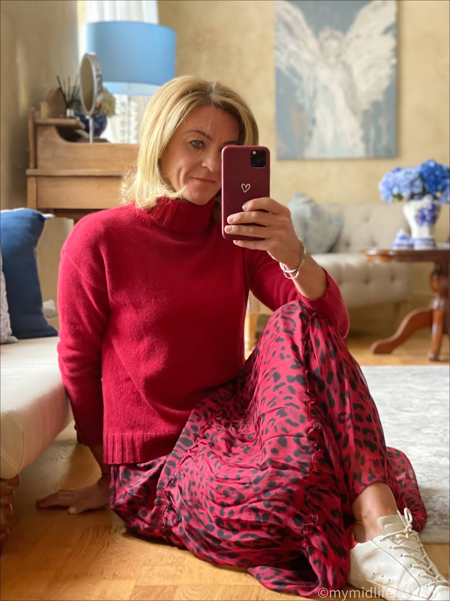 my midlife fashion, baukjen Darcy Eco cashmere roll neck jumper, Ridley silk leopard print maxi skirt, golden goose superstar low top leather trainers