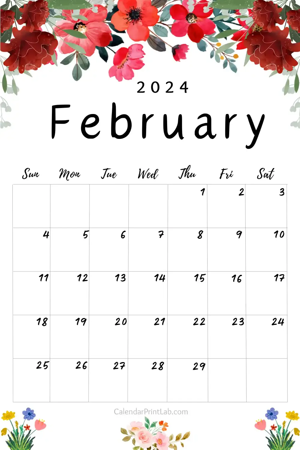 Free February 2024 Rose Flower Calendar