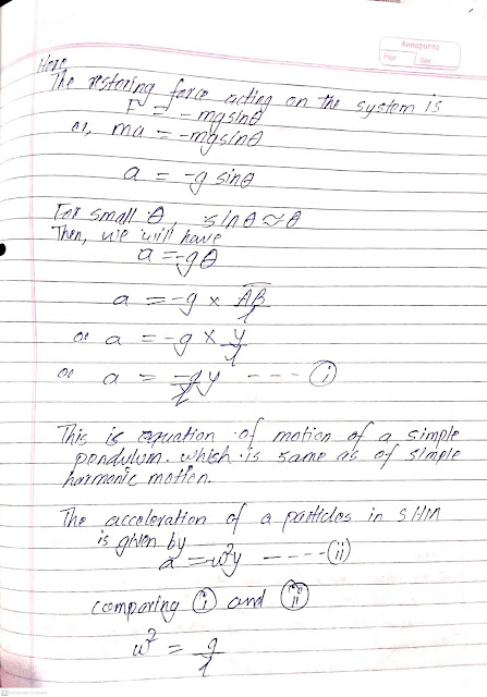 Show that the motion of a simple pendulum is simple harmonic for small amplitude. Find an expression for its time period.