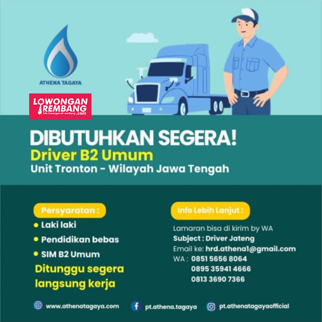 Lowongan Kerja Driver B2 Umum PT Athena Tagaya Unit Tronton-Wilayah Jawa Tengah