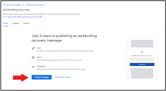 Kemudian Tambahkan Situs dan Pilih Bahasa yang digunakan untuk menampilan Notice Ad Blocking Recovery