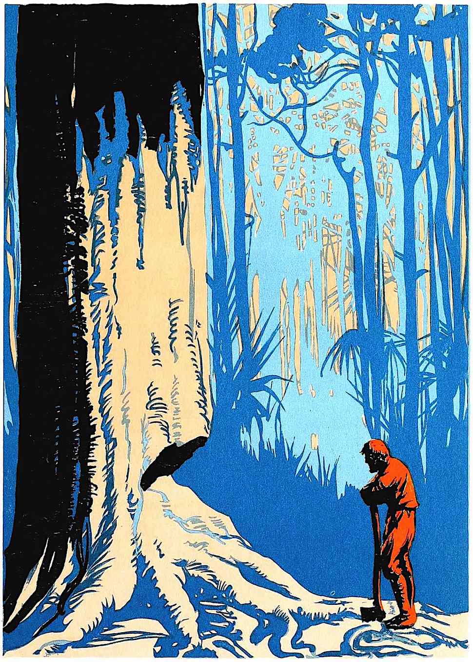 an E.A. Verpilleux book illustration 1931 for Robinson Crusoe, axe cutting a giant tree