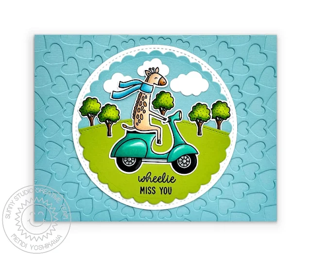 Sunny Studio Stamps Wheelie Miss You Punny Giraffe on Scooter Card (using Critters on The Go Stamps, Bursting Hearts Die, Scalloped Circle Mat 1, Stitched Circle Small Dies, Slimline Nature Border Dies & Comic Strip Everday Dies)