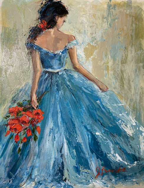 original painting of woman in blue dress holding bright red flowers She is looking away from the viewer