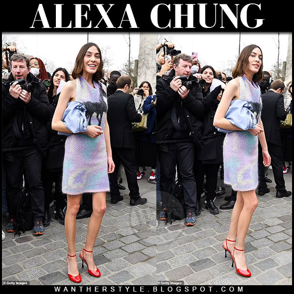 Alexa Chung in purple horse mini dress and red pumps