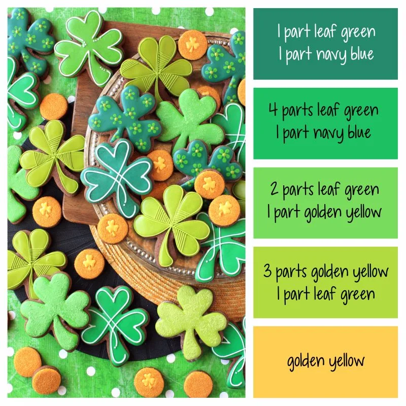 St. Patrick's Day color palette and icing or frosting color formulas