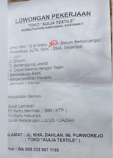 Lowongan Kerja Purworejo Toko Aulia Textile