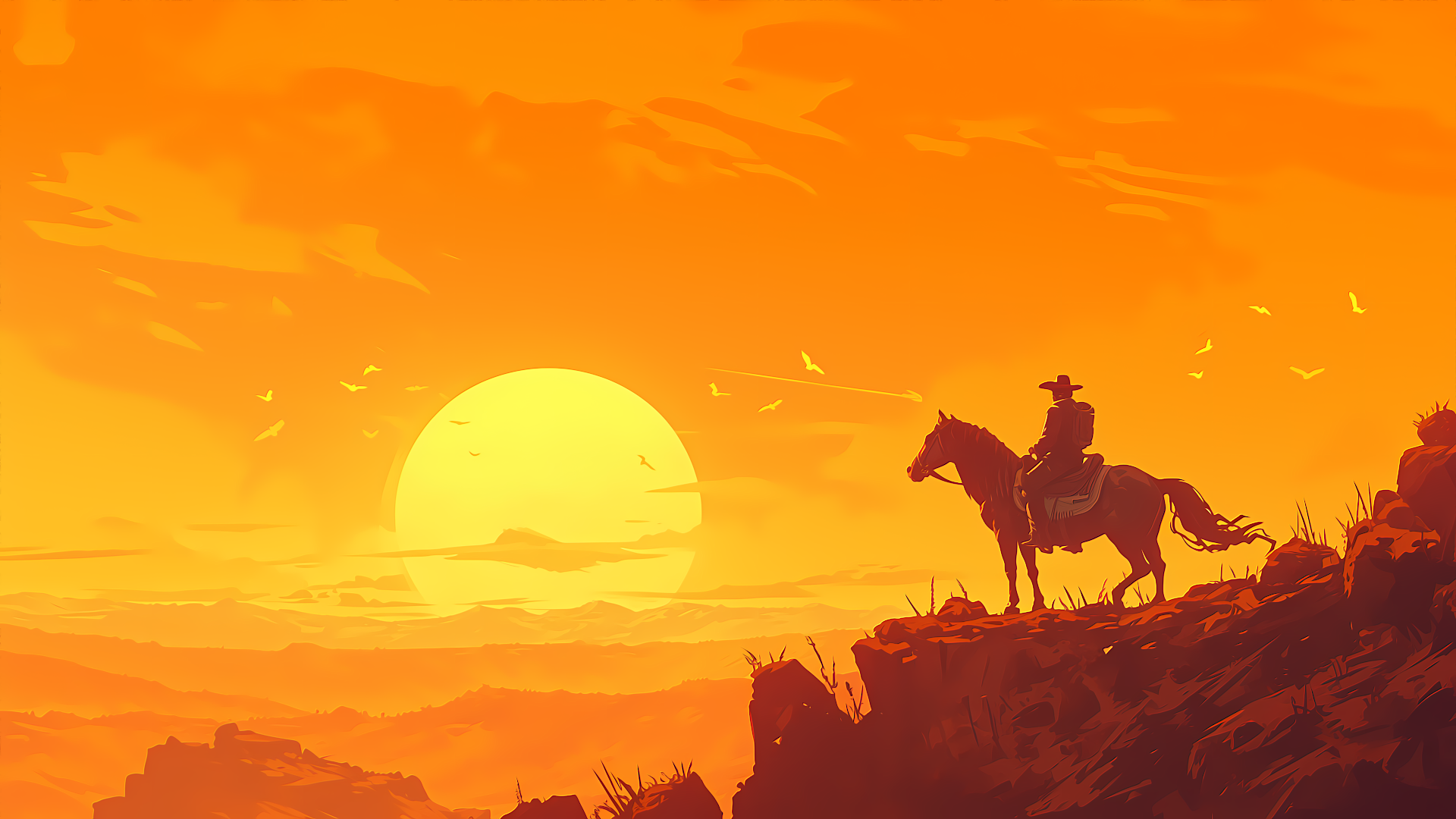 A 4K PC wallpaper featuring a lone cowboy riding a horse on a cliff edge, silhouetted against a vibrant orange sunset. The vast, open landscape evokes a sense of freedom and adventure.