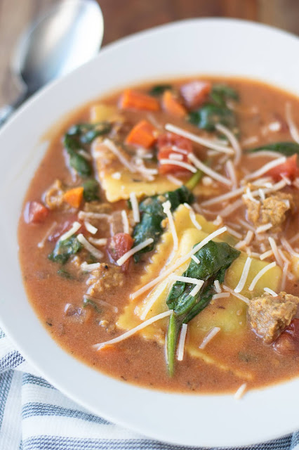 A bowl of the finished Easy Crockpot Vegan Ravioli Soup.