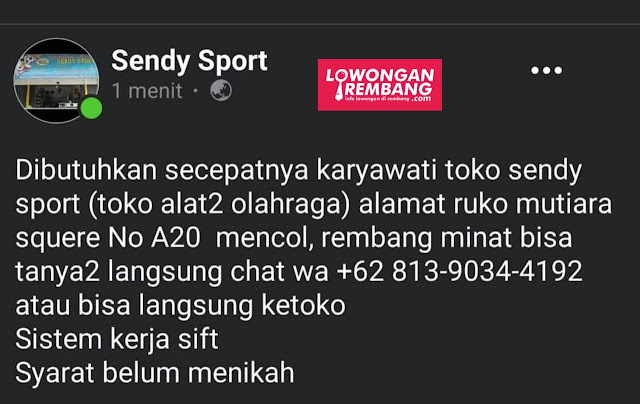 Lowongan Kerja Karyawati Sendy Sport Rembang