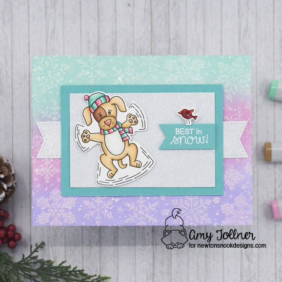 Best in snow by Amy features Snowfall, Snow Angel Puppy, Festive Fawns, and Frames & Flags; #inkypaws, #newtonsnook, #puppycards, #cardmaking, #wintercards
