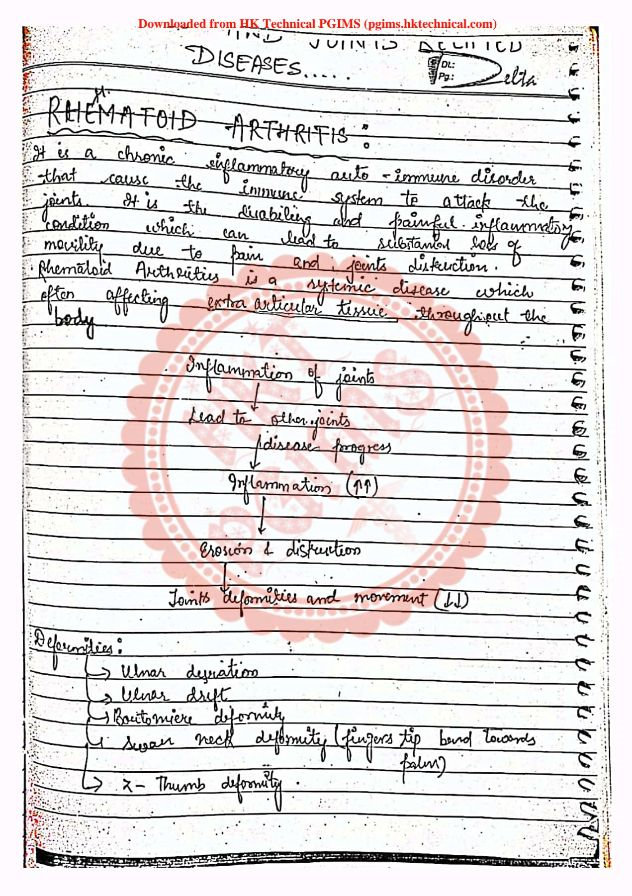 Disease of bones and joints: Rheumatoid arthritis, osteoporosis and gout, Pathophysiology Handwritten Notes B.Pharmacy 2nd semester (1st year)