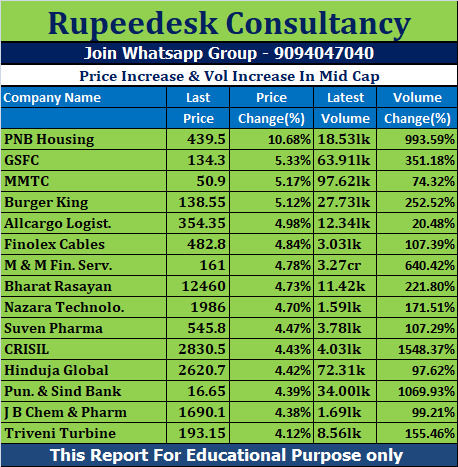 Price Increase & Vol Increase In Mid Cap