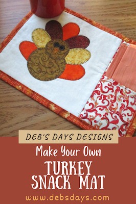 appliquéd Thanksgiving turkey snack mat, mini placemat, mug rug with pocket