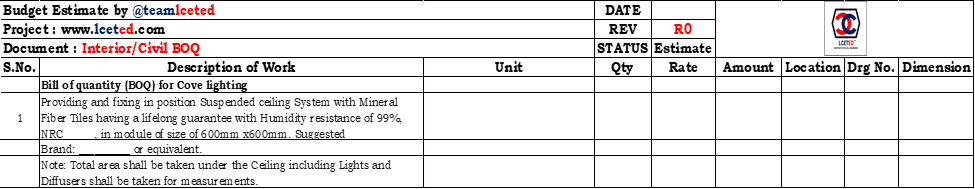 Bill of quantity (BOQ) for Grid ceiling