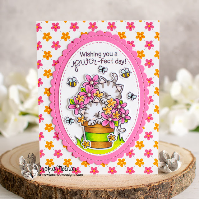 Purr-fect Day Kitty Card by Zsofia Molnar | Newton's Blooms Stamp Set, Springtime Paper Pad and Oval Frames Die Set by Newton's Nook Designs #newtonsnook
