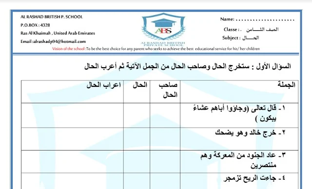 حل تدريبات على الحال للصف الثامن