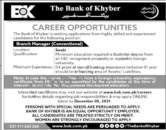 Bank of Khyber BOK Jobs 2021