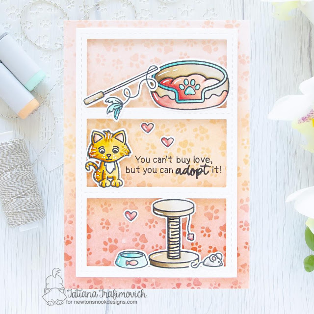 Congratulations on your new Cat Card by Tatiana Trafimovich | Welcome New Cat stamp set,A7 Frames & Banners Die Set, and Petite Paw Prints Stencil by Newton's Nook Designs