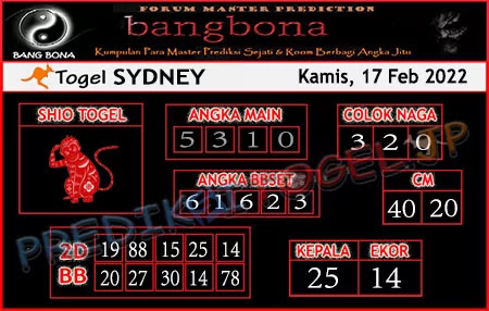 Prediksi Bangbona Sydney Kamis 17 Februari 2022