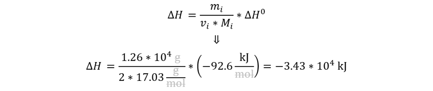 Determine el calor (en kJ) que se desprende cuando se producen 1.26 x 104 g de amoníaco, Determine el calor (en kJ) que se desprende cuando se producen, Determine el calor (en kJ) que se desprende, determinar la entalpía de la reacción, Calcular el calor de formación de 1.26*10(4) gramos de amoníaco, calor de formación de 1.26*10+4 gramos de amoníaco, calor de formación de 1.26*104 gramos de NH3 en kJ